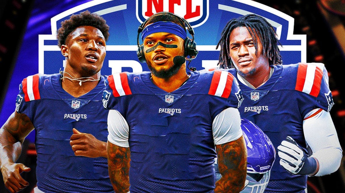 Photo: Troy Franklin, Patrick Paul, Malik Washington all in Patriots jerseys, 2024 NFL Draft logo in background