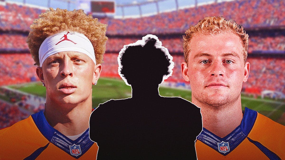 Spencer Rattler and Michael Pratt in Broncos jerseys. Add a silhouette of Austin Booker in the middle