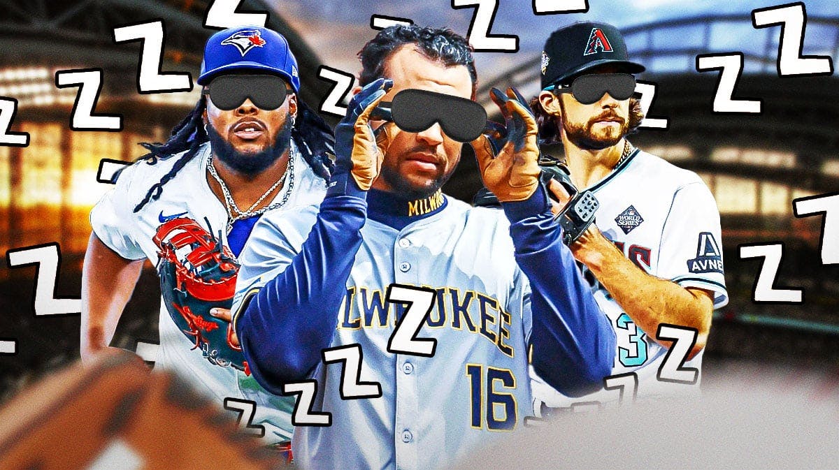 Blake Perkins (Brewers), Vladimir Guerrero Jr. (Blue Jays), and Zac Gallen (Diamondbacks) with sleep masks on and "zzzzzzz"s all around them