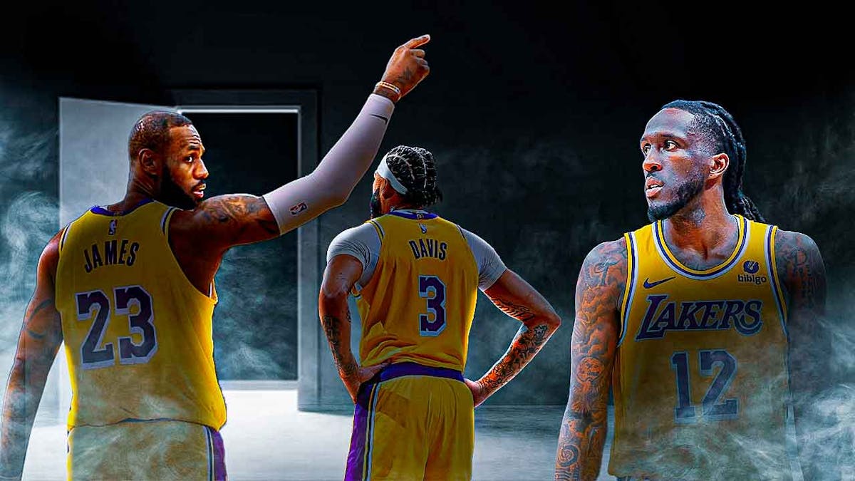 Lakers' LeBron James and Anthony Davis standing by a doorway waving goodbye to Taurean Prince