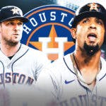 Jose Abreu and Alex Bregman looking stern, Houston Astros logo, baseball field in background