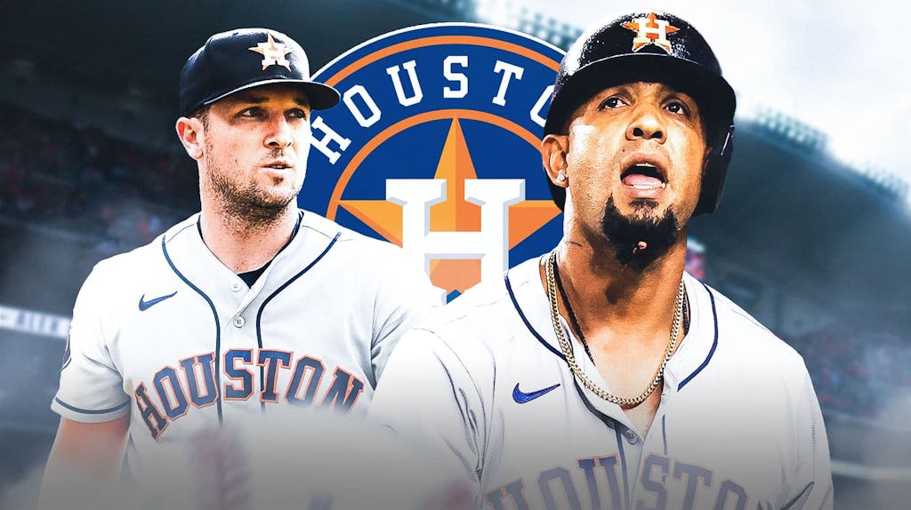 Jose Abreu and Alex Bregman looking stern, Houston Astros logo, baseball field in background