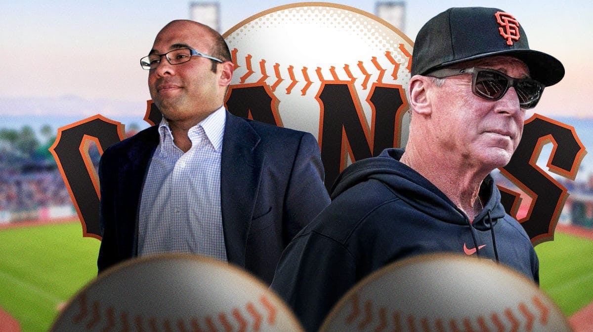 Farhan Zaidi and Bob Melvin in front of a Giants logo at Oracle Park