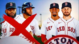 Red Sox Kenley Jansen and Wilyer Abreu with red x’s over them - Brennan Bernardino and Evan Longoria (jersey swap for Longoria) in a Red Sox uniform.