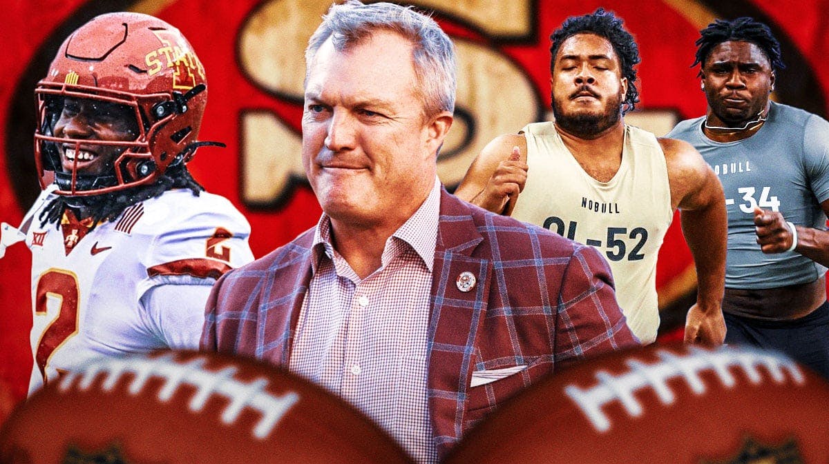 GM John Lynch in the middle, Jordan Morgan, TJ Tampa, Jalyx Hunt around him, and San Francisco 49ers wallpaper in the background