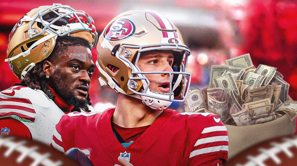 San Francisco 49ers stars Brock Purdy and Brandon Aiyuk looking at a large sack of money