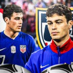 Multiple Images of Gio Reyna looking down/sad/tired in front of the Nottingham Forest and USMNT logos