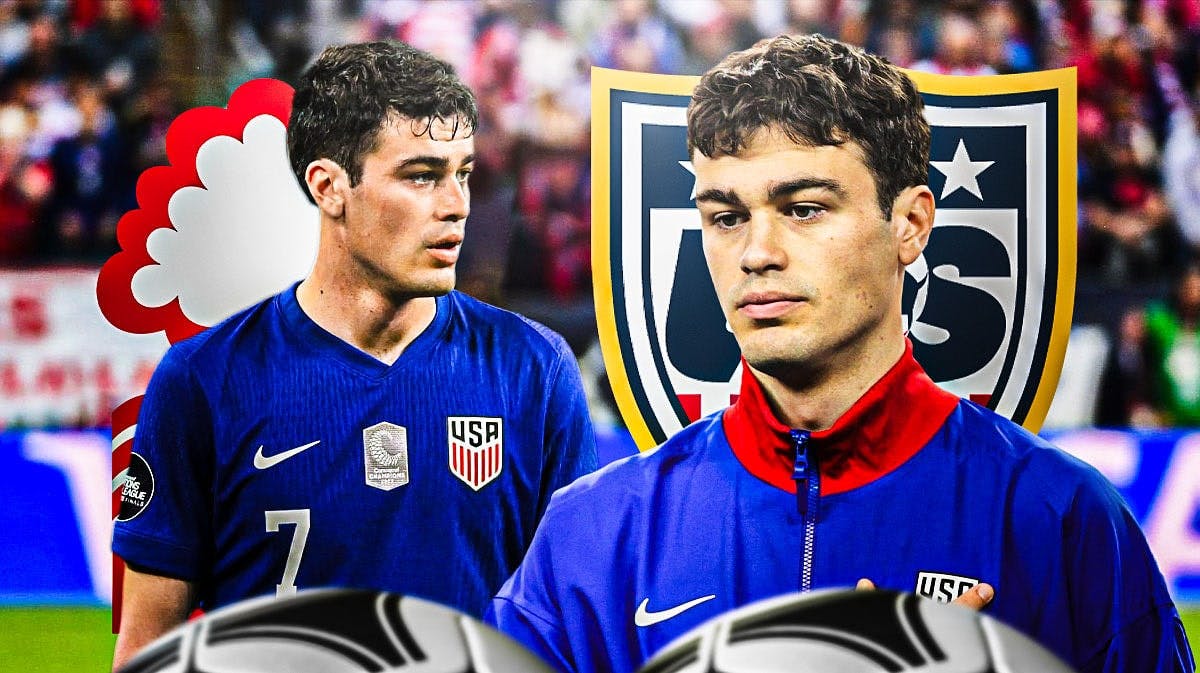 Multiple Images of Gio Reyna looking down/sad/tired in front of the Nottingham Forest and USMNT logos