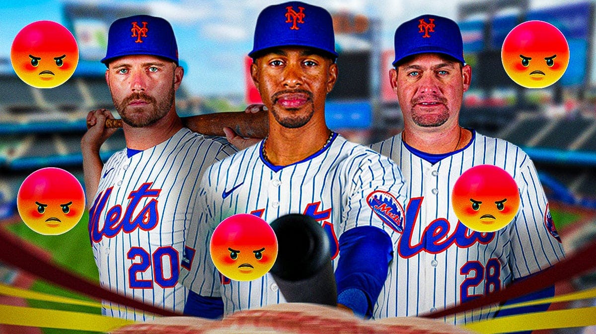Pete Alonso, Francisco Lindor, and Carlos Mendoza with a bunch of angry emojis around them