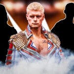 Cody Rhodes in a WWE ring next to the blacked-out silhouettes of Roman Reigns, Gunther, and Logan Paul with the WWE logo as the background.