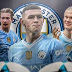 Erling Haaland, Kevin de Bruyne, Phil Foden in front of the Manchester City logo premier league