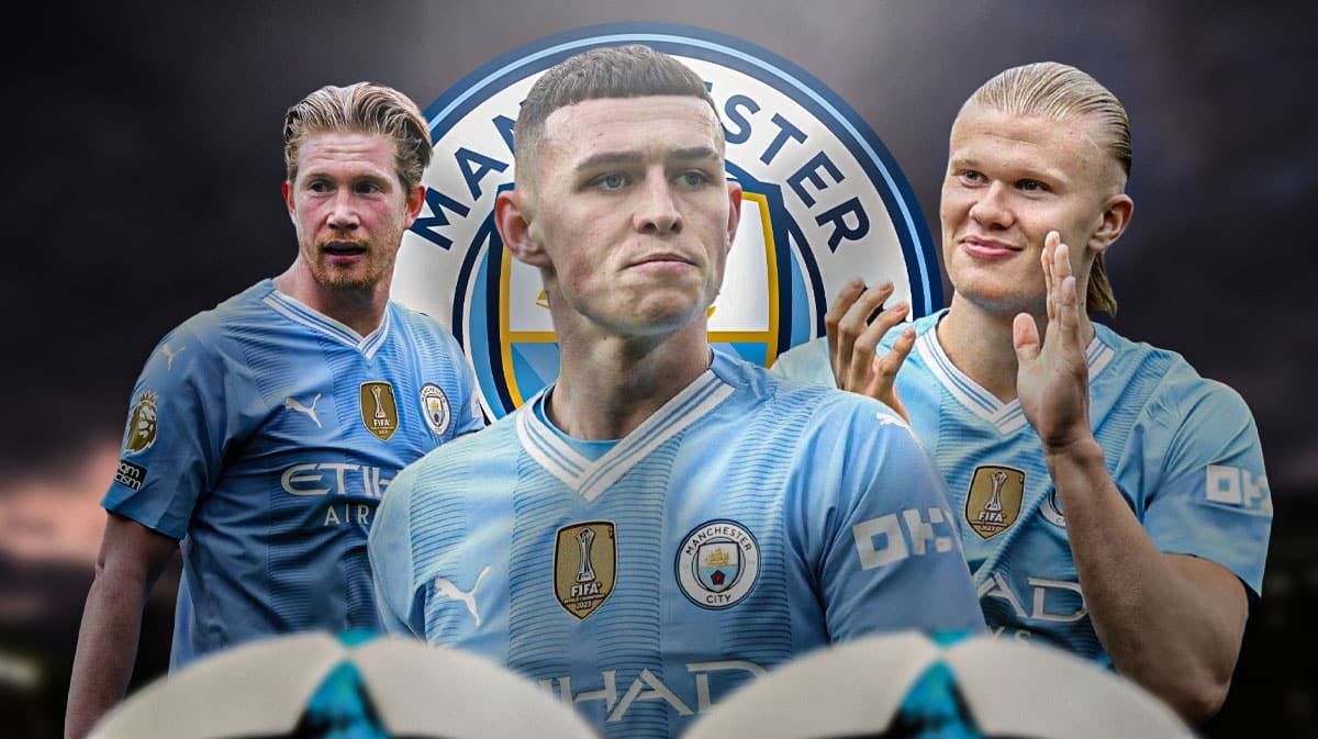 Erling Haaland, Kevin de Bruyne, Phil Foden in front of the Manchester City logo premier league