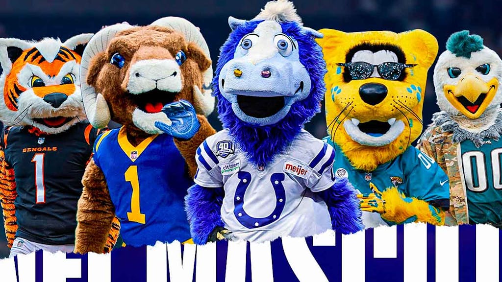 Mascots of the Indianapolis Colts, Jacksonville Jaguars, Philadelphia Eagles, Los Angeles Rams, and Cincinnati Bengals