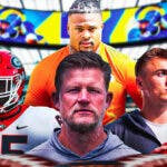GM Les Snead in the middle, Amarius Mims, Bo Nix, Xavier Thomas around him, and Los Angeles Rams wallpaper in the background