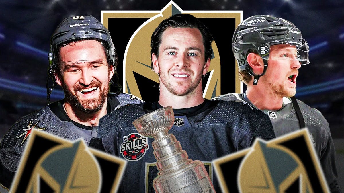 Jonathan Marchessault, Jack Eichel and Mark Stone in image looking happy, Stanley Cup in image, Vegas Golden Knights logo, hockey rink in background