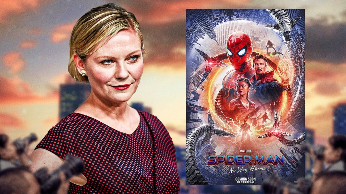 Kirsten Dunst (who played Mary Jane Watson) next to Spider-Man: No Way Home poster.