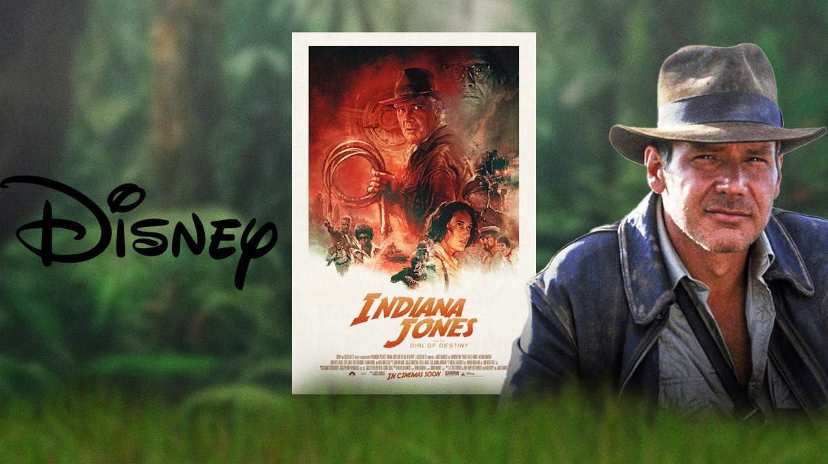 Disney logo and Dial of Destiny poster next to Harrison Ford as Indiana Jones.