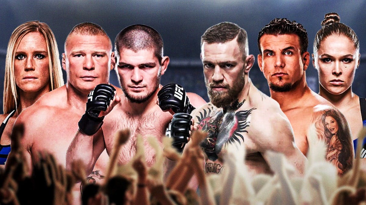 In order from the middle of the graphic going left: Khabib Nurmagomedov, Brock Lesnar, Holly Holm. And then in order going from the middle to the right is Conor McGregor, Frank Mir, Ronda Rousey. The background is a UFC octagon.