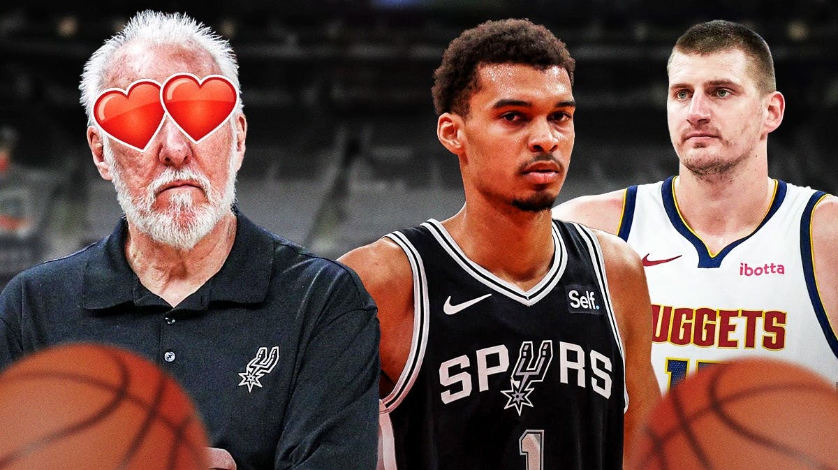 Gregg Popovich on one side with hearts in his eyes, Victor Wembanyama and Nikola Jokic on the other side