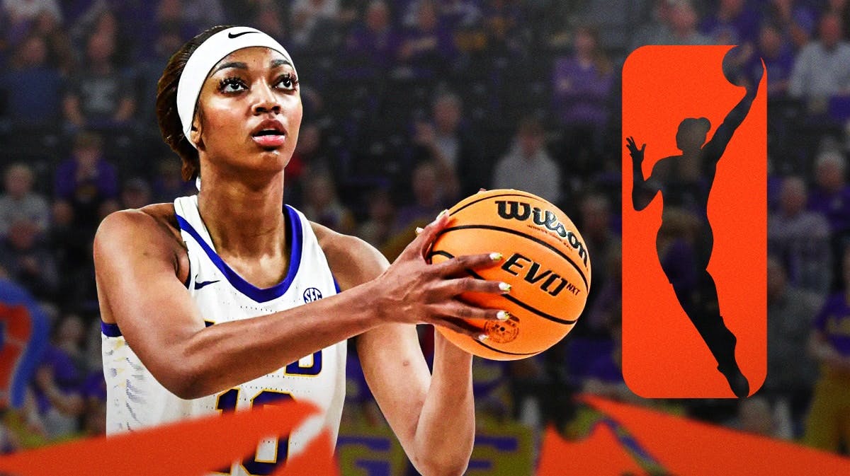 LSU women's basketball player Angel Reese, in action playing basketball, with the WNBA logo