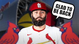 Lance Lynn in a Cardinals uniform saying "glad to be back"