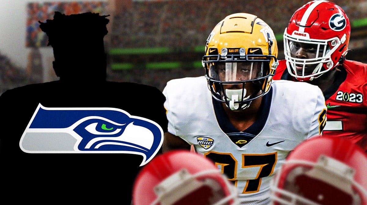 A blank silhouette/outline of a person with the logo for the Seattle Seahawks in the middle. On either side of the silhouette/outline are University of Toledo cornerback Quinyon Mitchell and University of Georgia tackle Amarius Mims.