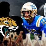 A blank silhouette/outline of a person with the logo for the Jacksonville Jaguars in the middle. On either side of the silhouette/outline are UCLA defensive end Laiatu Latu and Texas running back Jonathon Brooks.