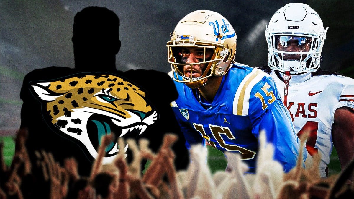 A blank silhouette/outline of a person with the logo for the Jacksonville Jaguars in the middle. On either side of the silhouette/outline are UCLA defensive end Laiatu Latu and Texas running back Jonathon Brooks.