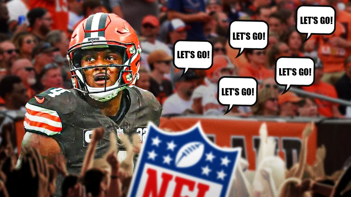Deshaun Watson on one side, a bunch of Cleveland Browns fans on the other side with a speech bubble that says "Let's go!"