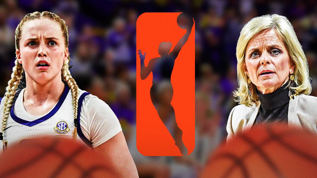LSU star Hailey Van Lith next to WNBA logo and looking at it and have LSu coach Kim Mulkey also looking