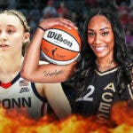 UConn women's basketball player Paige Bueckers and Las Vegas Aces player A'ja Wilson