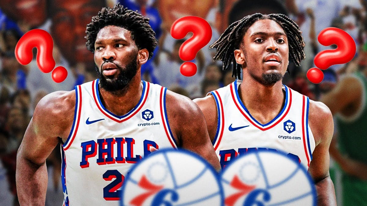 Joel Embiid and Tyrese Maxey with a bunch of question marks in the background