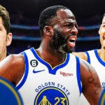 Warriors' Draymond Green with Bob Myers and Wizards' Jordan Poole