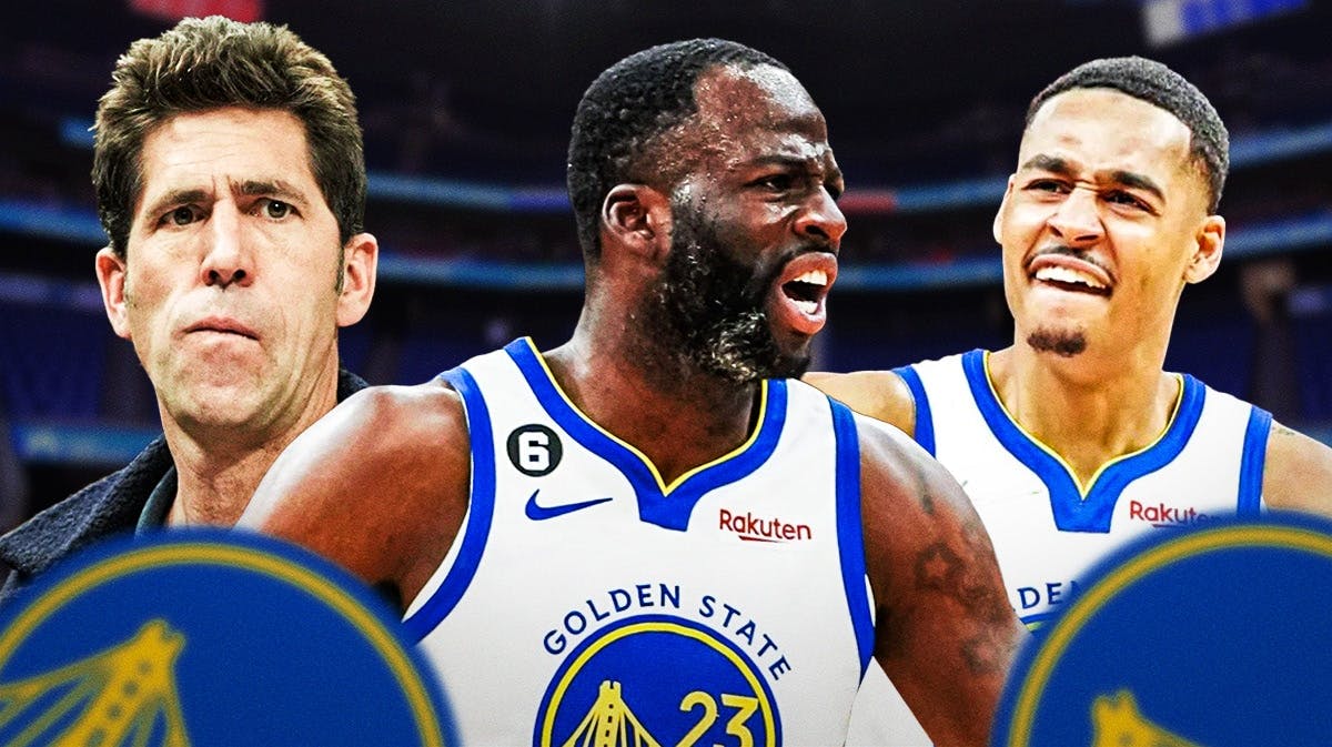 Warriors' Draymond Green with Bob Myers and Wizards' Jordan Poole