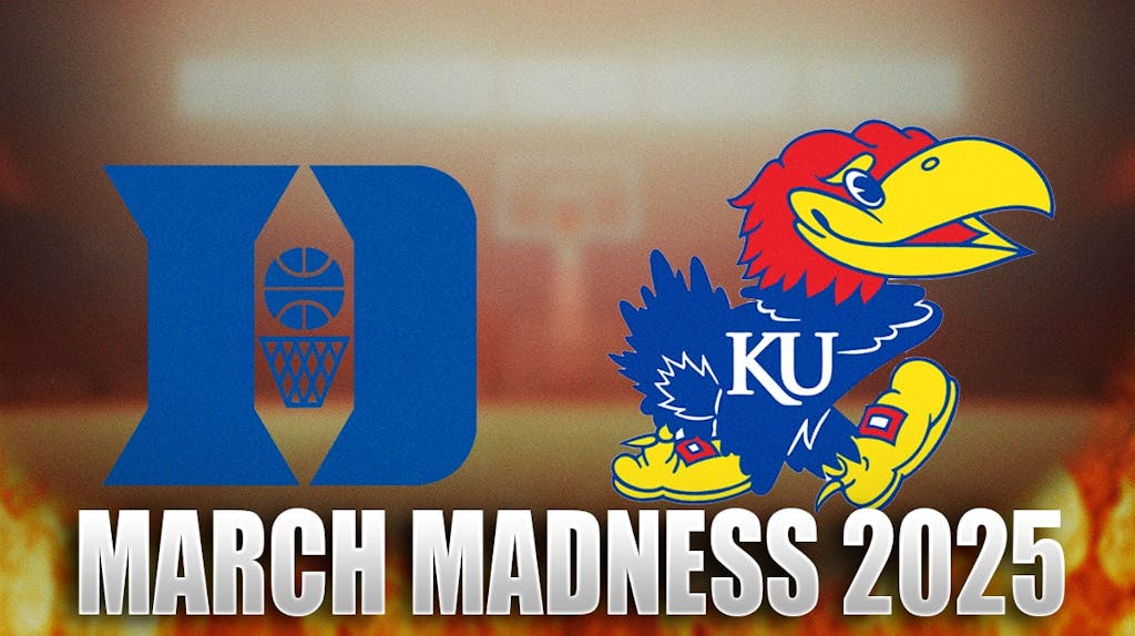 The end of a March Madness bracket with a Duke Logo on one side and a Kansas logo on the other with "March Madness 2025" under it