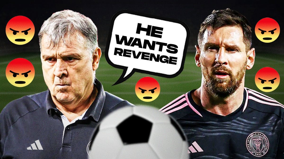 Gerardo Martino on one side with a speech bubble that says "He wants revenge" Lionel Messi on the other side with a bunch of angry emojis around him