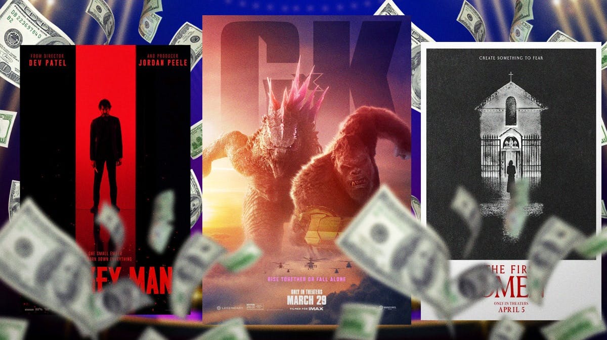 Godzilla x Kong poster in between The First Omen and Monkey Man posters with money all around