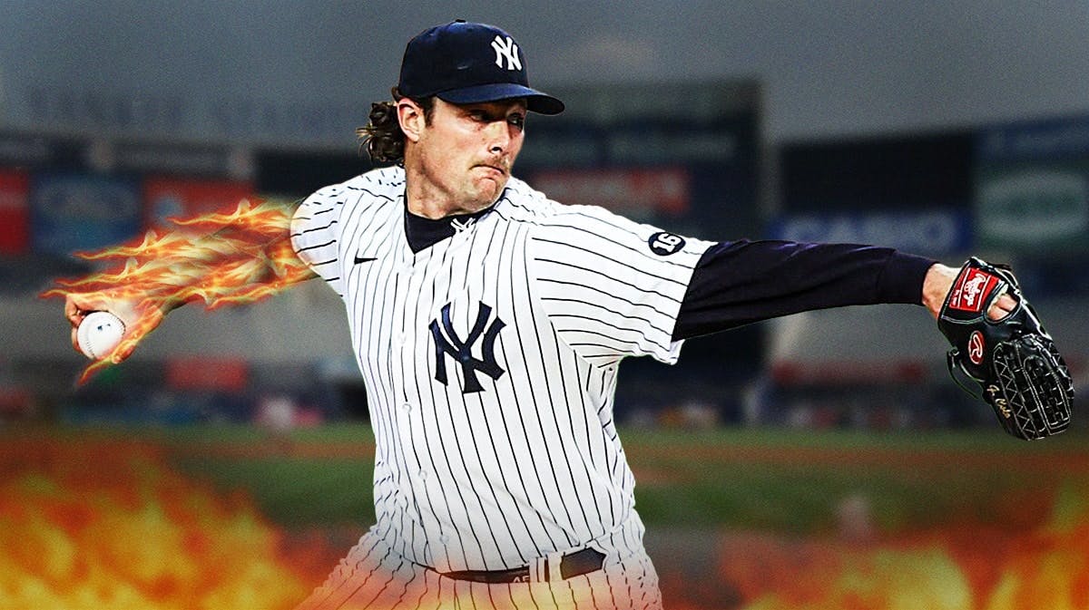 Yankees Gerrit Cole throwing a pitch but his arm is made of fire.