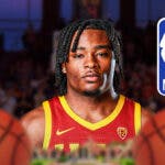 Isaiah Collier, USC basketball, Trojans, NBA Draft, Isaiah Collier NBA Draft, Isaiah Collier with NBA logo and USC basketball arena in the background