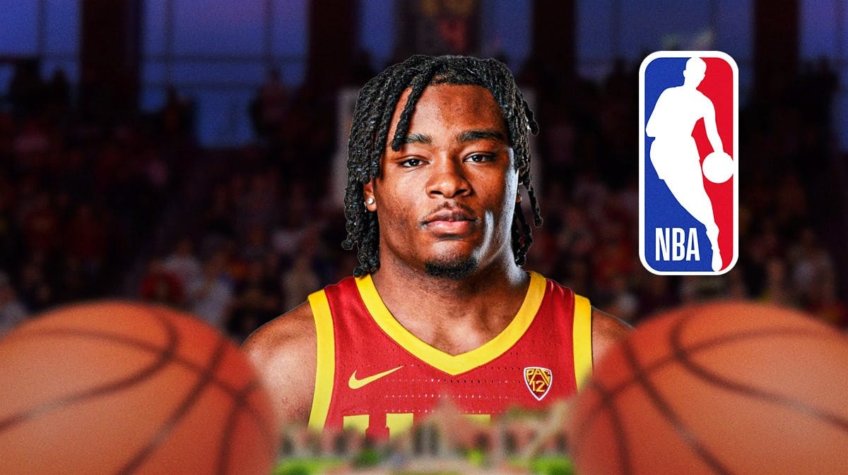 Isaiah Collier, USC basketball, Trojans, NBA Draft, Isaiah Collier NBA Draft, Isaiah Collier with NBA logo and USC basketball arena in the background