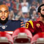 Chicago Bears wide receiver Keenan Allen and USC quarterback Caleb Williams with the Chicago Bears logo between them