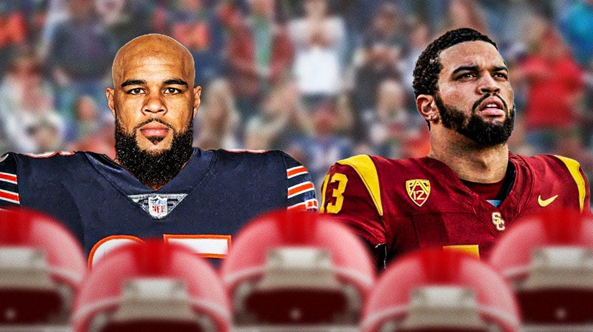 Chicago Bears wide receiver Keenan Allen and USC quarterback Caleb Williams with the Chicago Bears logo between them