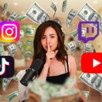 Pokimane with Instagram, Youtube, Twitch, and TikTok logos and money raining.
