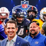 Giants Joe Schoen and Brian Daboll in the foreground surrounded by Rome Odunze (Washington), Jaden Hicks (Washington State), Christian Haynes (UConn), Braelon Allen (Wisconsin), Joe Milton III (Tennessee), and Anthony Gould (Oregon State) all in action for their college teams with a 2024 NFL Draft background.