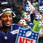Tyler Lockett on one side, a bunch of Seattle Seahawks fans on the other side with the big eyes emoji over their faces