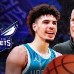 Hornets' LaMelo Ball standing next to Steve Clifford while defense stands in background, Hornets season ticket holders in stands