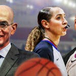 Adam Silver on left, Two NBA referees on right.