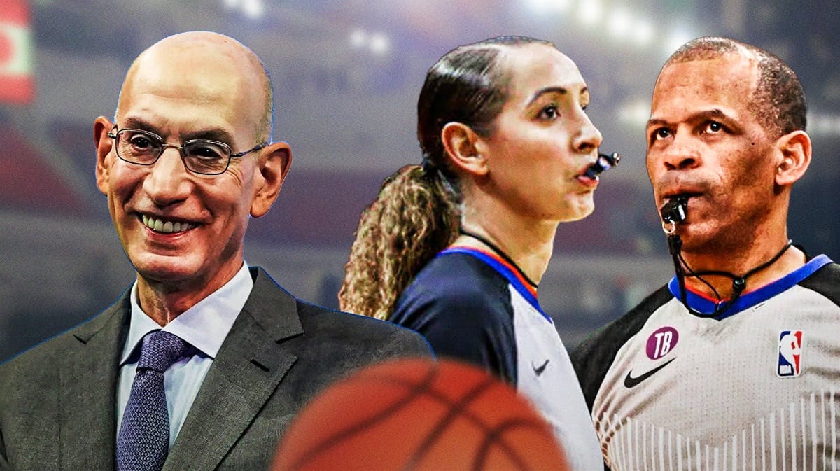 Adam Silver on left, Two NBA referees on right.