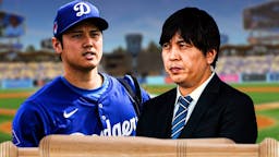 Shohei Ohtani in Dodgers jersey looking at his interpreter Ippei Mizuhara.