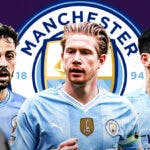 Kevin De Bruyne, David Silva, Sergio Aguero in front of the Manchester City logo